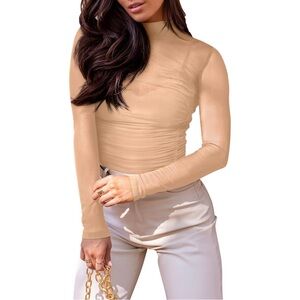 NWT Reoria Nude Sheer Mesh Mock Turtleneck Ruched‎ Long Sleeve Bodysuit Small